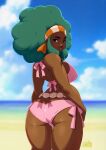  1girl afro artist_name ass bangs bare_shoulders beach bikini blue_sky breasts cloud cloudy_sky commentary dark-skinned_female dark_skin day from_behind green_eyes green_hair hairband highres large_breasts lenora_(pokemon) lips long_hair looking_at_viewer looking_back ocean outdoors parted_lips pink_bikini pokemon pokemon_(game) pokemon_bw shiny shiny_skin sidelocks signature simple_background sky solo striped swimsuit thighs tovio_rogers vertical_stripes water 
