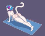  absurd_res anthro ass_blush athletic big_butt black_nose blue_eyes blue_hair blush butt domestic_cat ear_piercing felid feline felis female fur hair hi_res holaxes long_tail mammal multicolored_hair piercing pink_hair purple_hair rear_view solo white_body white_ears white_fur white_tail 