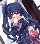  1girl black_hair blush box breasts embarrassed gift gift_box hair_ribbon heart-shaped_box himajin_(starmine) long_hair looking_at_viewer medium_breasts neptune_(series) noire_(neptune_series) red_eyes ribbon scarf school_uniform solo twintails valentine winter_uniform 