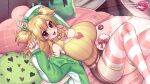  1girl blonde_hair breasts brown_eyes candy cleavage curvy double_bun english_commentary food gloves green_jacket heart heart_print high-waist_shorts highres indie_virtual_youtuber jacket large_breasts long_hair lying mio_(vtuber) off_shoulder on_back on_bed open_mouth osiimi pillow ribbed_sweater shorts sleeveless smile striped striped_legwear sweater thighhighs thighs virtual_youtuber yellow_sweater 