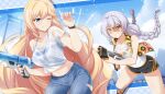  2girls bianka_durandal_ataegina blue_eyes blue_sky blush braid breasts bunji cloud crop_top denim eyebrows_visible_through_hair finger_on_trigger goggles grin gun handgun highres holding holding_water_gun honkai_(series) honkai_impact_3rd kiana_kaslana long_hair multiple_girls navel official_art one_eye_closed pants pistol see-through shirt shorts sky smile stomach teeth twin_braids very_long_hair water_gun weapon wet wet_clothes wet_shirt white_hair 