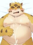  2022 absurd_res anthro belly big_belly blush bodily_fluids cum cum_on_chest cute_fangs ejaculation felid genital_fluids hi_res humanoid_hands kemono lying male mammal moobs nipples overweight overweight_male pantherine pink_nose solo tiger zuboboz 