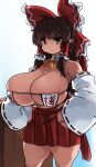  1girl bow breasts brown_eyes brown_hair cleavage hair_bow hair_tubes hakurei_reimu highres large_breasts medium_hair nontraditional_miko red_bow red_skirt sidelocks simple_background skirt skirt_set sleeveless solo touhou white_background zanamaoria 
