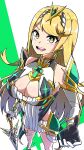  1girl absurdres aegis_sword_(xenoblade) bangs bare_legs bare_shoulders blonde_hair breasts chest_jewel cleavage cleavage_cutout clothing_cutout dress earrings elbow_gloves gloves highres jewelry large_breasts long_hair matubara1207 mythra_(xenoblade) short_dress solo swept_bangs thigh_strap tiara very_long_hair white_dress white_footwear white_gloves xenoblade_chronicles_(series) xenoblade_chronicles_2 yellow_eyes 