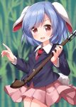  1girl animal_ears bamboo bamboo_forest bangs blue_hair blue_jacket blurry blurry_background blush breasts brown_eyes buttons collared_jacket collared_shirt commentary_request eyebrows_visible_through_hair eyes_visible_through_hair forest gun hair_between_eyes hands_up highres jacket leaf long_sleeves looking_at_viewer medium_breasts miniskirt nature necktie one-hour_drawing_challenge open_mouth pink_skirt pointing rabbit_ears rabbit_tail red_necktie reisen_(touhou_bougetsushou) ruu_(tksymkw) shirt short_hair skirt smile solo standing tail tongue touhou weapon white_shirt 