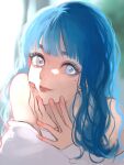 1girl backlighting blue_eyes blue_hair blurry blurry_background character_request copyright_request grey_sweater hand_on_own_chin mole mole_under_eye off-shoulder_sweater off_shoulder open_hand portrait sleeves_past_wrists smile solo sweater tenpura_(tenpura_m0gm0g) window 
