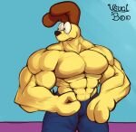  2021 abs anthro biceps big_muscles big_pecs blue_background bottomwear brown_body brown_fur canid canine canis clothed clothing colored denim denim_clothing digital_drawing_(artwork) digital_media_(artwork) domestic_dog flexing fur garfield_(series) hi_res jeans looking_away male mammal muscular muscular_anthro muscular_male odie_the_dog pants pecs purple_background shaded signature simple_background solo topless unusualboo54 yellow_body yellow_fur 