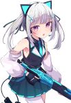  1girl :o absurdres animal_ear_headphones animal_ears apex_legends bangs bare_shoulders black_shirt black_vest blue_necktie blue_skirt blush collared_shirt commentary_request copyright_request demon_tail detached_sleeves eyebrows_visible_through_hair fake_animal_ears grey_hair gun hair_ornament headphones headset highres holding holding_gun holding_weapon long_sleeves looking_at_viewer necktie okota_mikan parted_lips pleated_skirt puffy_long_sleeves puffy_sleeves purple_eyes shirt simple_background single_leg_pantyhose skirt sleeveless sleeveless_shirt solo tail twintails vest weapon white_background white_legwear white_sleeves 