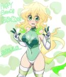  1girl akatsuki_kirika blonde_hair blush breasts covered_navel dated elbow_gloves gloves glowing glowing_hair gradient_hair green_eyes green_hair green_leotard happy_birthday highres leotard long_hair looking_at_viewer multicolored_hair nabeiro_kin senki_zesshou_symphogear shiny shiny_hair shiny_skin skin_tight smile standing striped striped_legwear x-drive_(symphogear) 