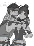  1boy 1girl apex_legends apex_legends:_overtime belt bodysuit breasts checkered_clothes checkered_scarf english_commentary english_text eyebrows_visible_through_hair facial_hair fingerless_gloves gloves goatee goggles goggles_on_head greyscale hair_bun highres hug itsaboutspoons medium_breasts mirage_(apex_legends) monochrome nose_piercing open_hand piercing scarf scene_reference smile speech_bubble thigh_strap wraith_(apex_legends) 