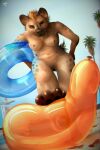  absurd_res anthro balloon balloon_fetish balloon_popping bent_over breasts brown_body brown_fur feet female fur genitals hair hi_res hyaenid inflatable looking_at_viewer mammal mohawk nude paws pool_toy poolside popping pussy smile smirk solo spots stomping swim_ring vanchee 