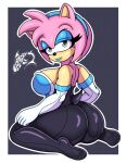  absurd_res accessory amy_rose anthro armwear big_breasts bodysuit breasts clothing cosplay elbow_gloves eulipotyphlan eyeshadow female gloves grey_background handwear headband hedgehog hi_res huge_breasts kneeling lipstick looking_at_viewer makeup mammal rear_view renegade-157 rouge_the_bat sega simple_background skinsuit solo sonic_the_hedgehog_(series) tight_clothing 