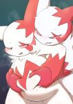  anthro belly blush bodily_fluids claws duo fur grin groping_belly groping_from_behind hi_res matchstick_39 naughty_face nintendo pok&eacute;mon pok&eacute;mon_(species) slightly_chubby smile sweat video_games white_body white_fur zangoose 