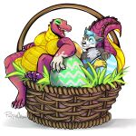  alligator alligatorid anthro basket belly big_egg big_tail blue_eyes canid canine canis container cosmicwuffy crocodilian domestic_dog duo easter easter_basket easter_egg fur grass hi_res holidays husky male male/male mammal nordic_sled_dog paint painting plant puppiechow purple_body reptile scales scalie scaly_tail sergio_the_buff sitting smile spitz toothy_grin yellow_belly 
