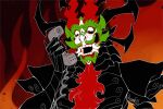  2021 aku anthro black_body demon facial_hair fangs fire galehowl goatee humor male meme open_mouth phone pseudo_hair reaction_image samurai_jack signature smile solo teeth 