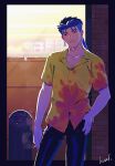  1boy blue_hair brick_wall cigarette collarbone cowboy_shot cu_chulainn_(fate) cu_chulainn_(fate/stay_night) earrings fate/hollow_ataraxia fate/stay_night fate_(series) framed hal_(haaaalhal) hand_in_pocket highres jewelry long_hair looking_to_the_side male_focus muscular muscular_male official_alternate_costume outdoors pants pectoral_cleavage pectorals ponytail red_eyes short_sleeves signature smoking solo spiked_hair 
