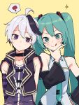  2girls :d ? absurdres androgynous aqua_eyes aqua_hair aqua_nails aqua_necktie arm_warmers arms_behind_back asymmetrical_sleeves bandages bare_shoulders belt_collar black_hair black_skirt black_sleeves collar commentary detached_sleeves dot_mouth flat_chest flower_(vocaloid) grey_shirt hair_ornament hand_on_hip hand_on_own_chin hatsune_miku head_tilt headphones highres jacket long_hair multicolored_hair multiple_girls nail_polish necktie odd_(miyoru) purple_eyes purple_jacket purple_shirt shirt short_hair single_arm_warmer skirt sleeveless sleeveless_jacket sleeveless_shirt smile sparkle speech_bubble spoken_question_mark streaked_hair tongue tongue_out torn_clothes twintails upper_body v-shaped_eyebrows v_flower_(vocaloid4) very_long_hair vocaloid white_hair yellow_background 
