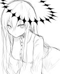  1girl absurdres bangs breasts collared_shirt dress_shirt eyebrows_behind_hair gekiyaku greyscale hair_between_eyes highres long_hair long_sleeves looking_at_viewer medium_breasts monochrome poono shirt short_eyebrows simple_background sketch solo thick_eyebrows utau very_long_hair white_background 