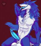  2021 anthro balls blue_penis colored erection fur genitals hair hi_res looking_at_viewer male mammal muscular muscular_anthro muscular_male penis ruttingstrap sergal solo standing tongue tongue_out 
