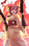  1girl :d ahoge bangs bone_hair_ornament brown_hair cartoon_bone commentary_request dog_hair_ornament dual_wielding explosion eyebrows_behind_hair gun hair_between_eyes hair_ornament highres holding holding_gun holding_weapon hololive hoso-inu inugami_korone japanese_clothes kimono listener_(inugami_korone) long_hair long_sleeves looking_at_viewer obi print_kimono purple_(jobseeking) red_eyes sash simple_background smile solo_focus weapon weapon_request white_background wide_sleeves yellow_kimono 