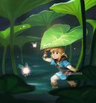  1boy belt bettykwong blonde_hair blue_eyes blue_shirt fairy fingerless_gloves giant_leaf gloves link looking_at_another minish pointy_ears ponytail shirt sidelocks the_legend_of_zelda the_legend_of_zelda:_breath_of_the_wild the_legend_of_zelda:_the_minish_cap water_drop 