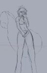  2022 4_ears 5_fingers anthro bedroom_eyes big_breasts biting_clothing breasts chimera cleavage clothed clothing female fingers fluffy fluffy_tail grey_background guide_lines hi_res laffulaffubread leaning long_tail lucielle_(laffulaffubread) multi_ear narrowed_eyes neck_tuft partially_clothed plantigrade seductive simple_background slim solo tuft womb_tattoo 
