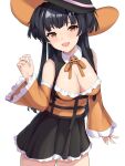  1girl 72_(mmmmkk) bangs bare_shoulders black_hair black_skirt blunt_bangs breasts brown_eyes cleavage commentary cowboy_shot detached_sleeves eyebrows_visible_through_hair frilled_sleeves frills hand_up hat highres idolmaster idolmaster_shiny_colors jack-o&#039;-lantern_ornament leaning_to_the_side long_hair long_sleeves looking_at_viewer mayuzumi_fuyuko open_mouth shiny shiny_hair simple_background skirt smile solo thighs wide_sleeves witch_hat 