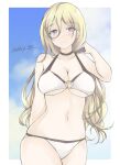  bikini blonde_hair blue_eyes blue_sky breasts cleavage cloud cowboy_shot gakky hair_between_eyes kantai_collection large_breasts long_hair mole mole_under_eye mole_under_mouth navel richelieu_(kancolle) sky swimsuit white_bikini 