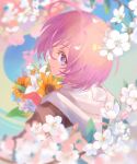  1girl ahoge bouquet brown_jacket cherry_blossoms closed_mouth commentary fate/grand_order fate_(series) flower from_behind holding holding_bouquet hood hood_down hooded_jacket jacket light_purple_hair looking_at_viewer mash_kyrielight multicolored_clothes multicolored_jacket petals pink_flower purple_eyes short_hair smile solo sunflower two-tone_jacket upper_body vogel white_flower white_jacket yellow_flower 