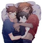  3boys :d bangs black_hair black_shirt blue_shirt brown_hair closed_eyes commentary cuddling hero_(omori) hug kbs_omo kel_(omori) male_focus medium_hair multiple_boys omori pillow red_shirt shirt short_hair sleeping smile sunny_(omori) 