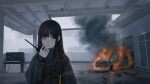  1girl absurdres ammunition_pouch black_hair black_jacket building car cr_iws_t_72 fire fog gas_station ground_vehicle highres jacket long_hair looking_away motor_vehicle open_mouth original pouch smoke solo vest walkie-talkie yellow_eyes 