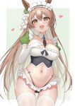  1girl :d absurdres animal_ears breasts brown_eyes brown_hair cleavage ear_ribbon elbow_gloves eyebrows_visible_through_hair fang gloves green_background green_ribbon hand_on_own_chest heart highres hongye_feixue horse_ears horse_girl large_breasts long_hair looking_at_viewer maid navel open_mouth polka_dot polka_dot_background puffy_short_sleeves puffy_sleeves ribbon satono_diamond_(umamusume) short_sleeves skin_fang smile solo stomach thighhighs thighs two-tone_background umamusume white_background white_gloves white_legwear 