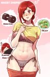  abs blush chief_(91m10) clothes_lift dumbbell highres lingerie panties pink_background red_eyes red_hair salad shirt_lift sleeping toned underwear zzz 