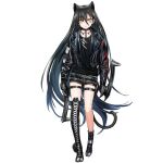  &gt;:( 1girl animal_ears arknights asymmetrical_footwear bangs belt black_footwear black_hair black_jacket black_shirt black_shorts boots cat_ears cat_tail character_request full_body hair_between_eyes infukun jacket long_hair long_sleeves looking_at_viewer shirt short_shorts shorts solo standing tail thigh_strap transparent_background v-shaped_eyebrows very_long_hair yellow_eyes 