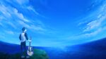  1boy blue_hair blue_sleeves cliff cloud commentary facing_away full_body grass guitar holding instrument legs_apart long_sleeves looking_afar male_focus ocean original outdoors sabaumako scenery sky sky_focus solo standing 