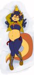  2022 absurd_res anthro beauty_mark belly belt big_belly blue_hair boots bottomwear brown_eyes canid canine carmelita_fox clothing collar dakimakura_pose ear_piercing female footwear fox fur gloves grin hair handwear hi_res jacket looking_at_viewer lying mammal navel on_back orange_body orange_fur outie_navel pants piercing pregnant randomgirl1265 sly_cooper_(series) smile solo sony_corporation sony_interactive_entertainment sucker_punch_productions tan_body tan_fur topwear video_games 