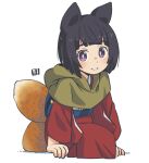  1girl animal_ears arm_support bangs black_hair closed_mouth commentary_request cropped_legs eyebrows_visible_through_hair fox_ears fox_girl fox_tail japanese_clothes kimono kukuri_(mawaru) long_sleeves looking_at_viewer mawaru_(mawaru) multiple_tails obi original purple_eyes red_kimono sash simple_background sitting smile solo tail two_tails white_background wide_sleeves 