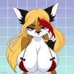  animated anthro big_breasts black_body black_ears black_fur black_hands black_nose blonde_hair blue_eyes breasts canid canine clothed clothing collarbone eyebrows female fingerless_(marking) founntain_(character) fox front_view fur hair highlights_(coloring) huge_breasts loop mammal multicolored_hair navel red_clothing red_highlights solo ventur white_body white_breasts white_fingers white_fur 
