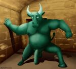  anthro belly bovid bovine brick cattle clay detailed_background ears_up erection european_mythology eyebrows fist genitals goo_creature greek_mythology green_body green_eyes hi_res hooves horn labyrinth looking_at_viewer male mammal maze minotaur moobs mythology navel nipples open_palm overweight overweight_anthro overweight_male penis raised_eyebrow shadow simple_background smile solo tail_tuft tuft wontonrhino yellow_background 
