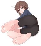  1girl amane_suzuha ass barefoot bike_shorts black_shorts blush brown_hair eyebrows_visible_through_hair feet foot_focus greek_toe green_eyes highres jacket kahlua_(artist) looking_at_viewer lying on_side parted_lips shorts simple_background solo steins;gate sweat toes white_background 