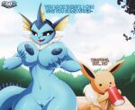  anthro big_breasts breasts duo eevee eeveelution english_text female fur genitals hi_res knightmoonlight98 larger_female nintendo pok&eacute;mon pok&eacute;mon_(species) pussy size_difference text vaporeon video_games white_body white_fur 