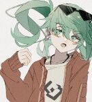  1girl aqua_eyes aqua_hair collarbone earrings eyelashes eyewear_on_head film_grain floating_hair half-closed_eyes hatsune_miku head_tilt hood hoodie jewelry maca1227 necklace open_clothes open_hoodie open_mouth pale_skin project_sekai shirt solo suna_no_wakusei_(vocaloid) sunglasses t-shirt twintails vocaloid white_shirt 