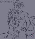  2021 anthro balls duo fur genitals hair hand_on_chest hand_on_shoulder hi_res knot male male/male mammal monochrome nude penis penis_size_difference piercing ruttingstrap sergal size_difference standing tongue tongue_out tongue_piercing 
