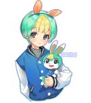  1boy animal_crossing animal_ears bangs blonde_hair blue_eyes blush closed_mouth cropped_torso dated green_hair humanization jacket korean_commentary letterman_jacket long_sleeves male_focus multicolored_hair outline pagye rabbit_boy rabbit_ears sasha_(animal_crossing) simple_background upper_body white_background 