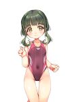  1girl absurdres ass_visible_through_thighs bob_cut brown_eyes character_name collarbone competition_swimsuit covered_navel cowboy_shot eyebrows_visible_through_hair green_hair highres kantai_collection one-piece_swimsuit purple_swimsuit short_hair_with_long_locks simple_background solo swimsuit takanami_(kancolle) white_background yashin_(yasinz) 