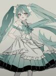  1girl aqua_bow aqua_eyes aqua_hair aqua_skirt bare_shoulders bow dress dress_bow frilled_dress frills hair_between_eyes hair_ribbon half-closed_eyes hatsune_miku highres hitobashira_alice_(vocaloid) limited_palette long_hair looking_at_viewer maca1227 monochrome muted_color open_mouth pale_skin ribbon skinny skirt skirt_hold solo twintails very_long_hair vocaloid white_dress 