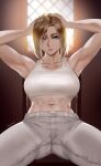  1girl abs annie_leonhardt armpits bangs blonde_hair blue_eyes breasts collarbone cowboy_shot easonx hands_on_own_head highres large_breasts looking_at_viewer midriff navel pants parted_bangs shingeki_no_kyojin short_hair solo sports_bra spread_legs white_pants white_sports_bra 