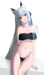  1girl animal_ear_request artist_self-insert bangs bare_arms bare_shoulders blue_eyes blue_ribbon breasts cleavage commentary covered_navel eyebrows_visible_through_hair hair_ribbon heterochromia highres large_breasts long_hair looking_at_viewer one-piece_swimsuit original parted_lips red_eyes ribbon silver_hair simple_background sitting solo strapless strapless_swimsuit swimsuit thighs very_long_hair white_background yui_lumina yui_lumina_(artist) 