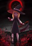  1girl bangs black_dress black_eyes black_footwear black_headwear blonde_hair blood blood_on_clothes blood_on_face blood_on_weapon bloodborne cookie_(touhou) dress flower full_body gogogo_(cookie) hat highres holding kirisame_marisa long_hair long_sleeves looking_at_viewer open_mouth pinafore_dress planted planted_sword red_flower saw_cleaver sharp_teeth shirt shoes sleeveless sleeveless_dress socks solo standing sword teeth touhou weapon white_legwear white_shirt witch_hat zz_nekoneko 