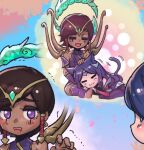  2girls :3 :d animal_ears bare_shoulders blush brown_hair cat_ears cat_tail covered_collarbone dark-skinned_female dark_skin detached_sleeves drooling irelia karma_(league_of_legends) kemonomimi_mode league_of_legends looking_at_another lying multiple_girls multiple_views on_lap open_mouth outdoors phantom_ix_row pink_eyes shiny shiny_hair smile tail thought_bubble tree 